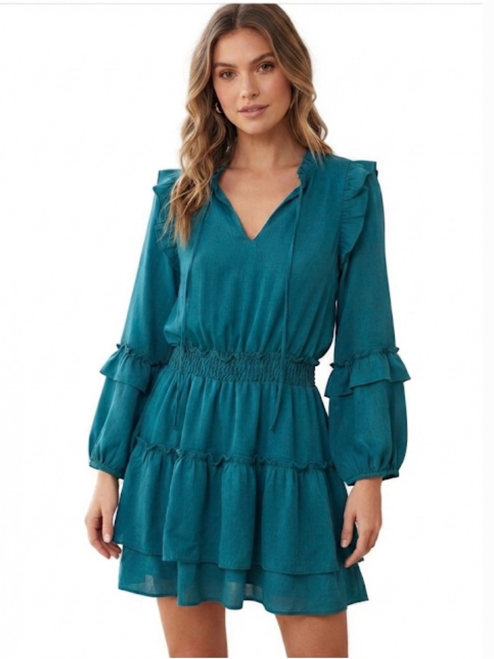 Joy Joy Teal V-Neck Ruffled Tiered Mini Dress